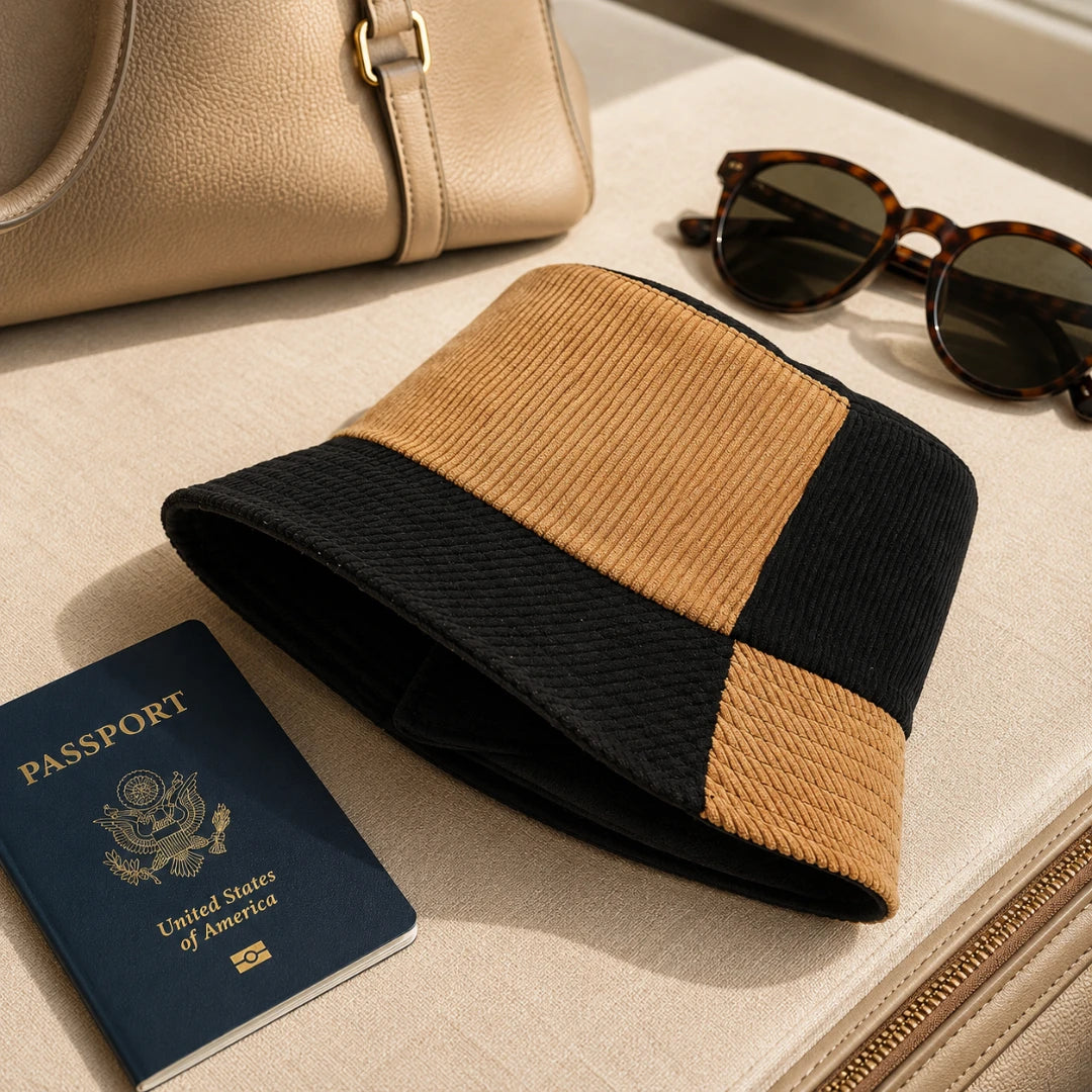 Josh & Tate - HalfTone™ Corduroy Bucket Hat - A checkered bucket hat in tan and black corduroy fabric, styled on a beige leather surface next to a navy blue passport, a beige handbag, and tortoiseshell sunglasses.