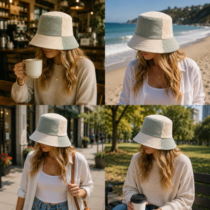 Josh & Tate - HalfTone™ Corduroy Bucket Hat - A four-panel collage showing a woman wearing a patchwork bucket hat in different outdoor and indoor settings. The hat has a light beige and pale sage green patchwork design, and the woman is styled in a cozy outfit in various locations including a beach, a cafe, and a park.