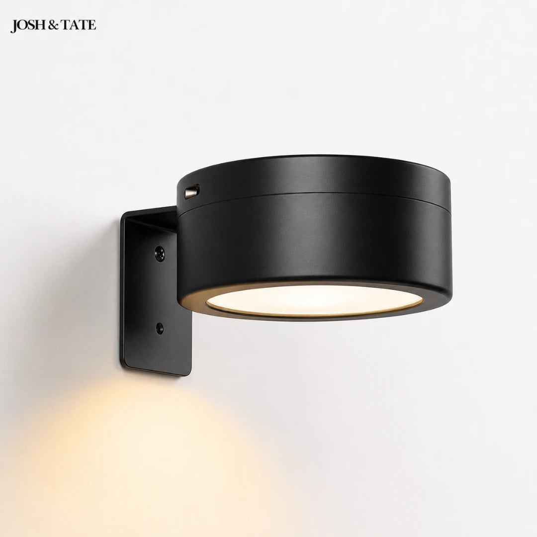 Josh & Tate - HaloMount™ Cordless Wall Light - Black wall-mounted light fixture on a white background with 'JOSH & TATE' branding.