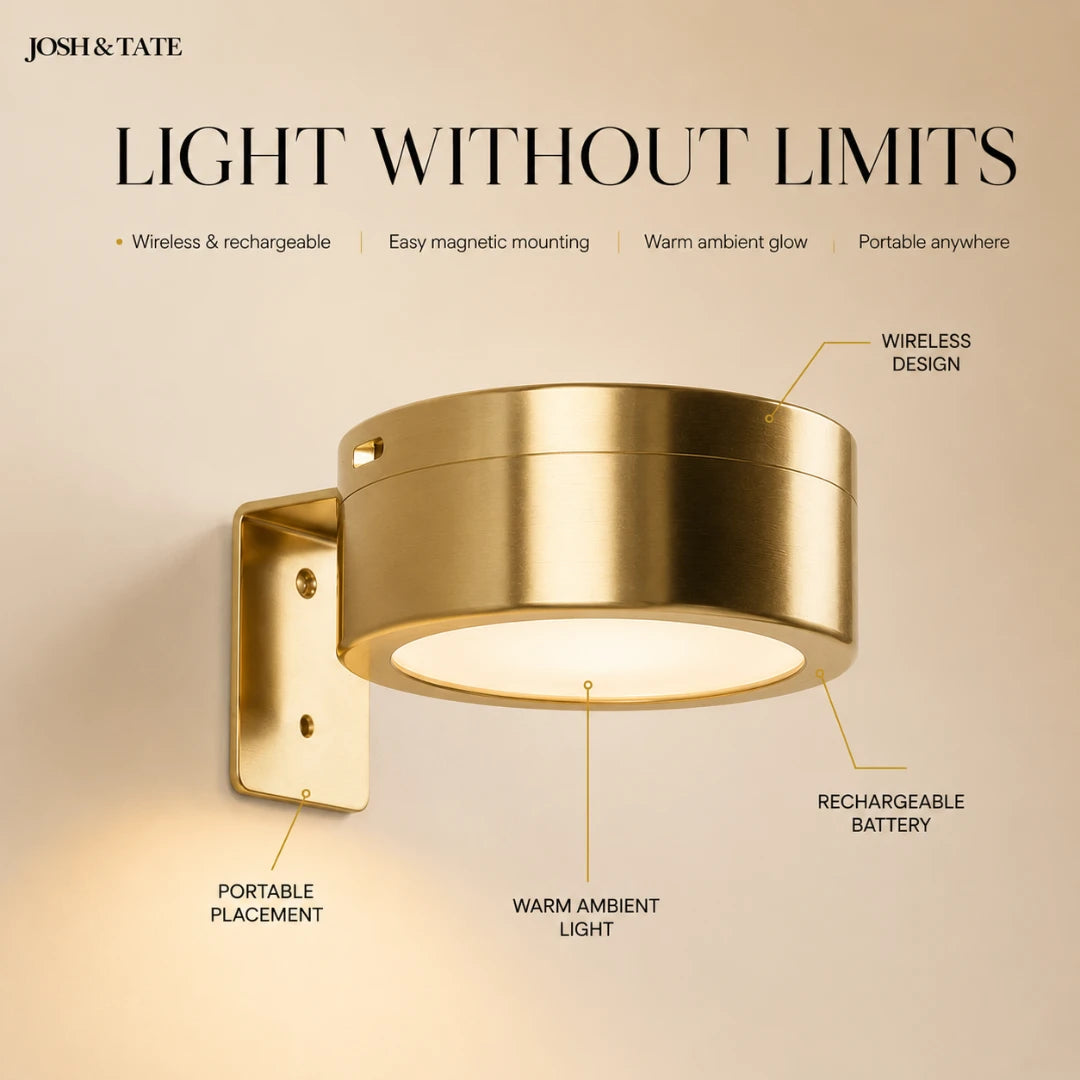 Josh & Tate - HaloMount™ Cordless Wall Light - Gold wall-mounted light fixture with features highlighted on a beige background
