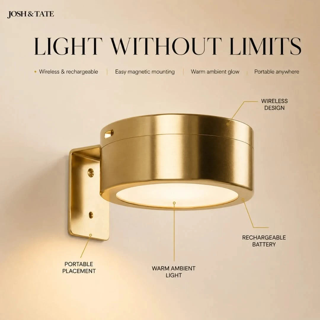 Josh & Tate - HaloMount™ Cordless Wall Light - Gold wall-mounted light fixture with features highlighted on a beige background
