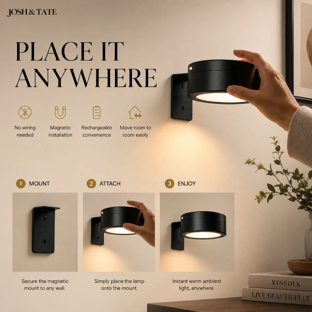 Josh & Tate - HaloMount™ Cordless Wall Light - Wall-mounted light fixture with installation instructions and 'Josh & Tate' branding.