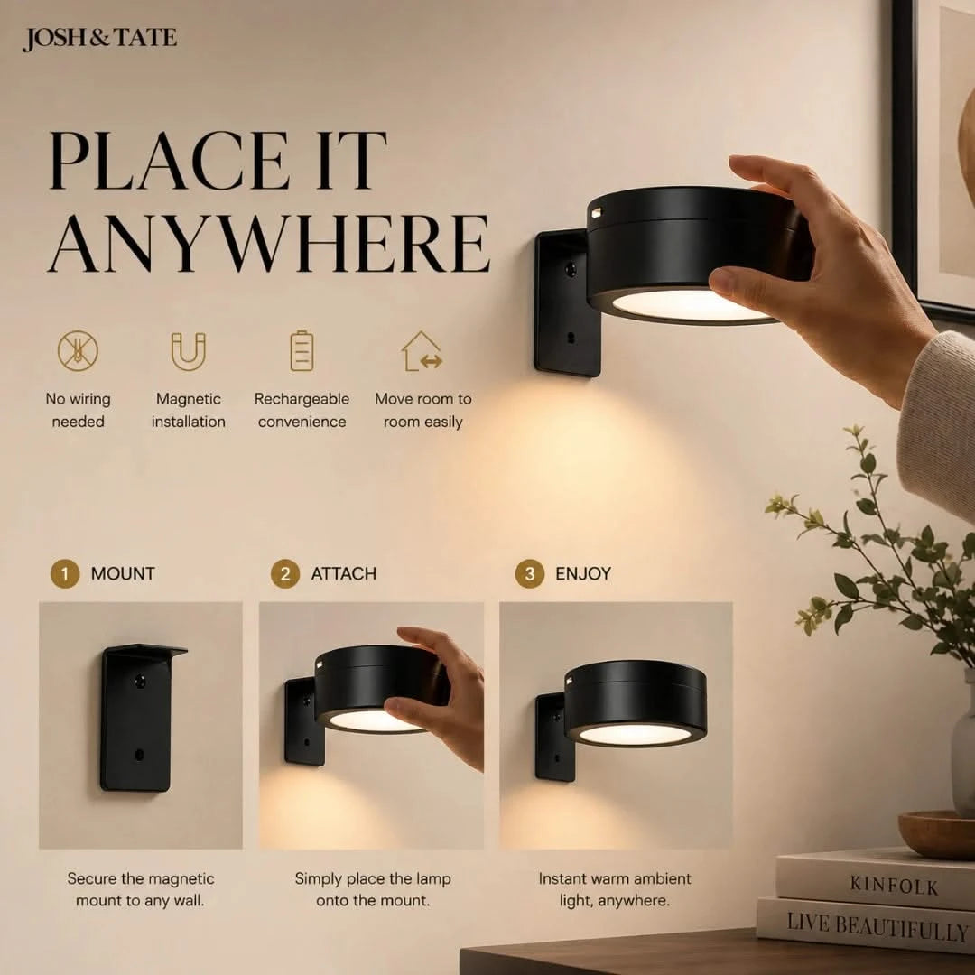 Josh & Tate - HaloMount™ Cordless Wall Light - Wall-mounted light fixture with installation instructions and 'Josh & Tate' branding.