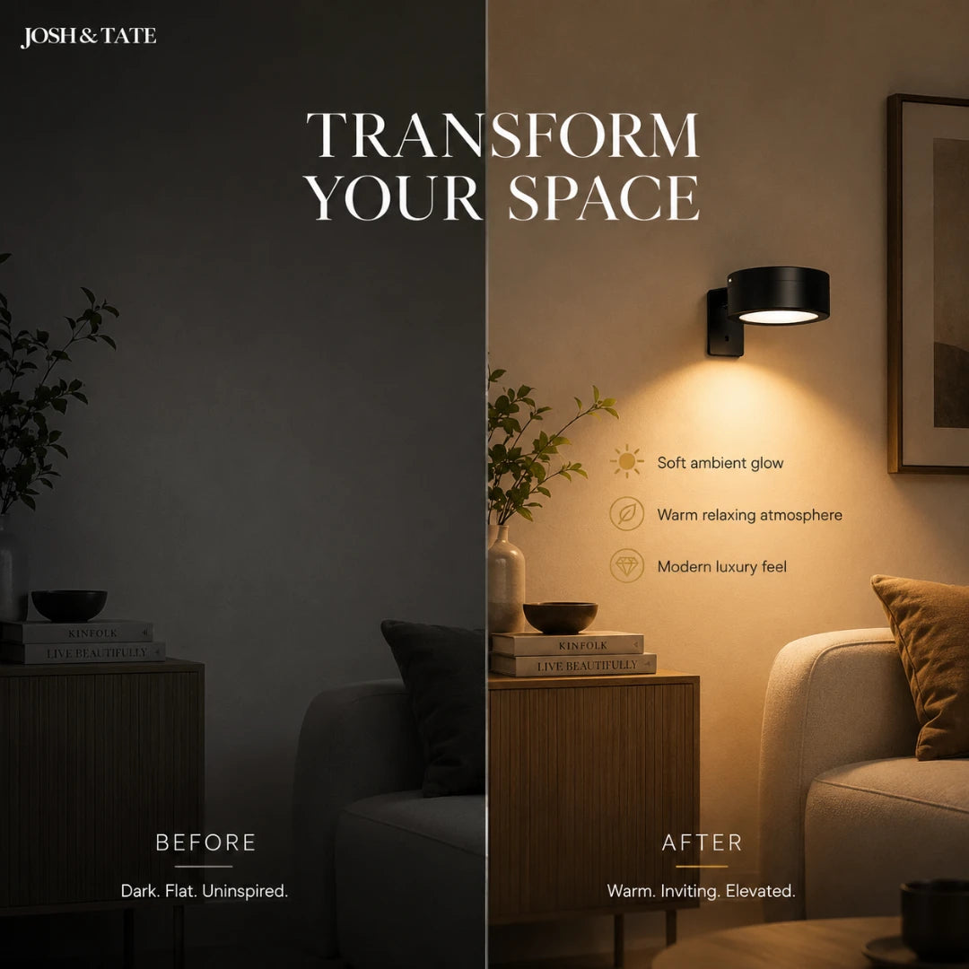 Josh & Tate - HaloMount™ Cordless Wall Light - Before and after comparison of a living room with added wall lighting, featuring text 'Transform Your Space' by Josh & Tate.