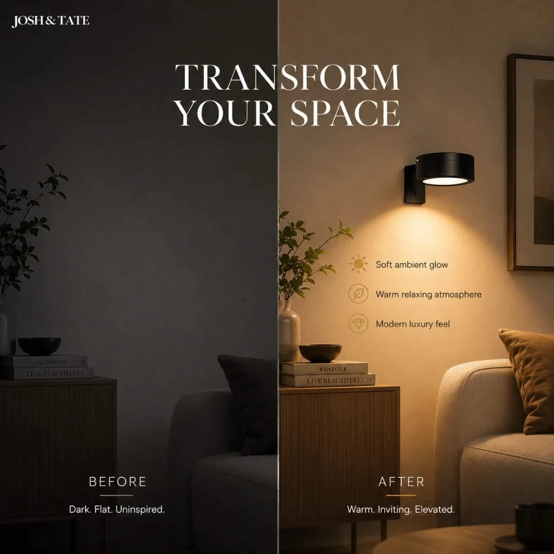 Josh & Tate - HaloMount™ Cordless Wall Light - Before and after comparison of a living room with added wall lighting, featuring text 'Transform Your Space' by Josh & Tate.