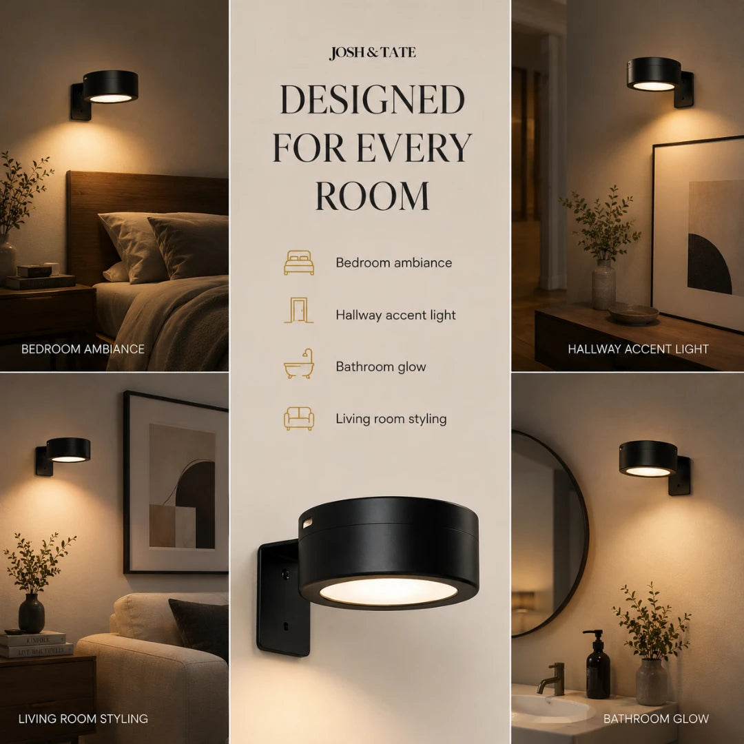 Josh & Tate - HaloMount™ Cordless Wall Light - Black wall light fixture with various room settings showcasing its versatility.