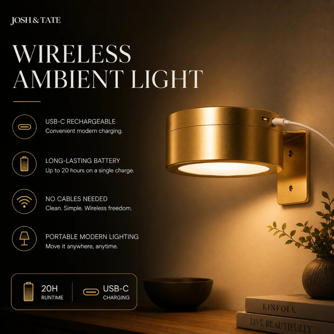 Josh & Tate - HaloMount™ Cordless Wall Light - Gold wireless ambient light fixture on a wall with text detailing features.