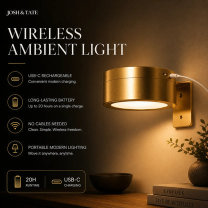 Josh & Tate - HaloMount™ Cordless Wall Light - Gold wireless ambient light fixture on a wall with text detailing features.