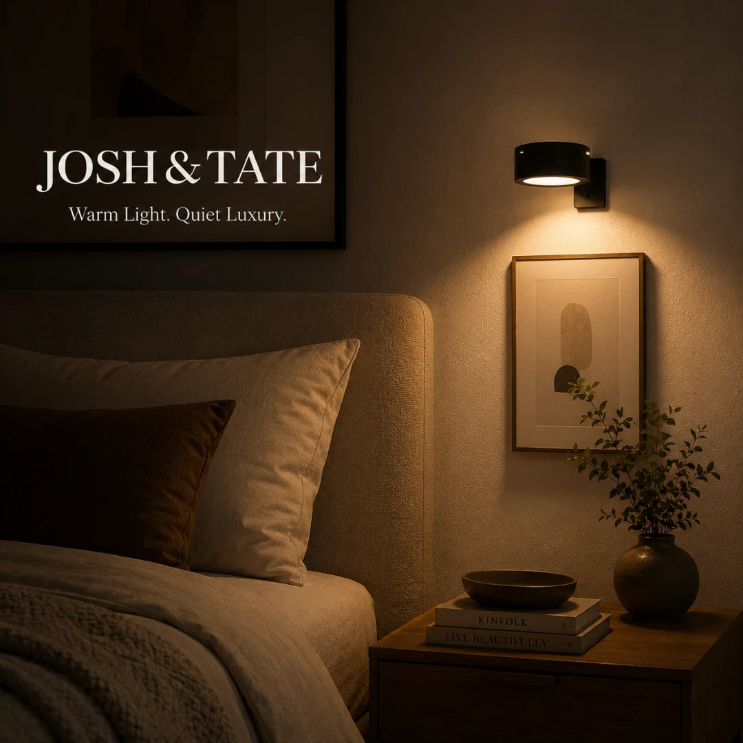 Josh & Tate - HaloMount™ Cordless Wall Light - Cozy bedroom with 'Josh & Tate' sign, wall sconce, and decorative items.