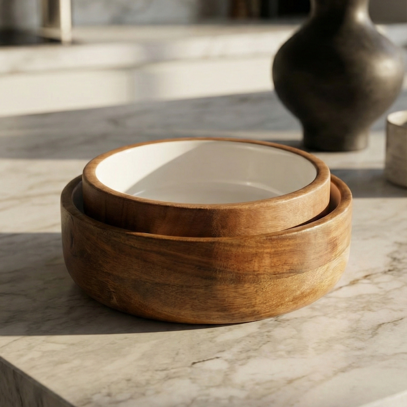 Stack of wooden bowls on a marble surface with a blurred background