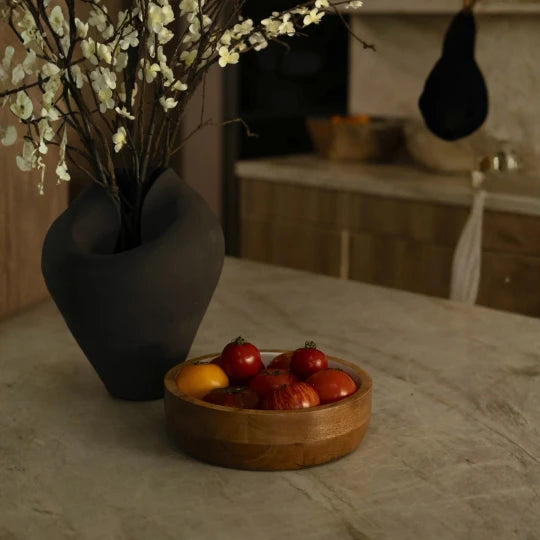 Josh & Tate - Hayes Wooden White Nesting Bowls - Set of 2 - Wooden bowl with fruits on a table next to a vase with flowers