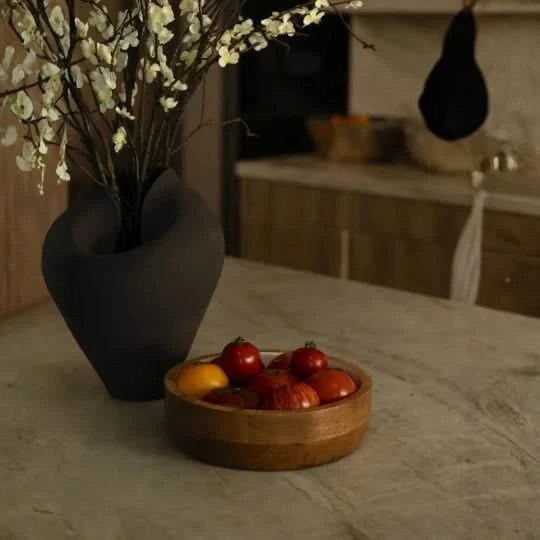 Josh & Tate - Hayes Wooden White Nesting Bowls - Set of 2 - Wooden bowl with fruits on a table next to a vase with flowers