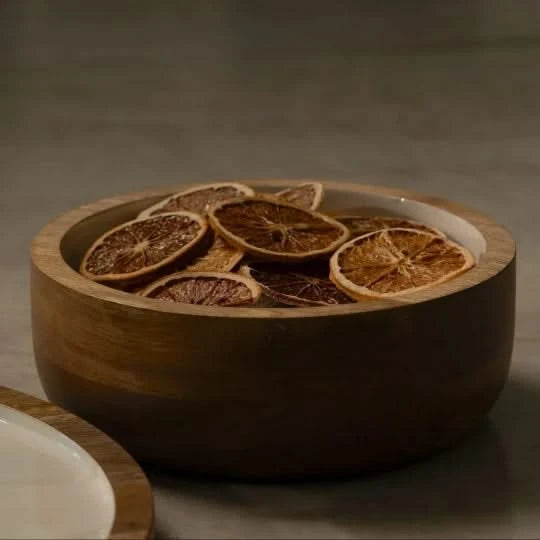 Josh & Tate - Hayes Wooden White Nesting Bowls - Set of 2 - Wooden bowl with dried orange slices on a dark background