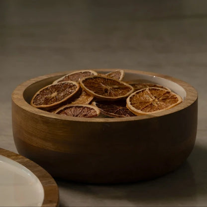 Josh & Tate - Hayes Wooden White Nesting Bowls - Set of 2 - Wooden bowl with dried orange slices on a dark background