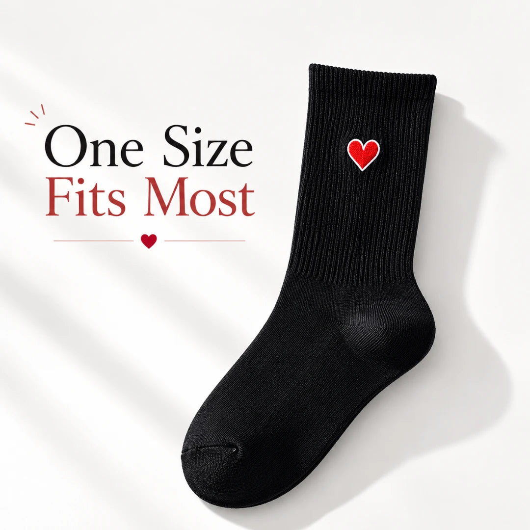 Josh & Tate - HeartStep™ Heart Crew Socks - Black sock with a red heart on a light gray background, featuring text 'One Size Fits Most'.