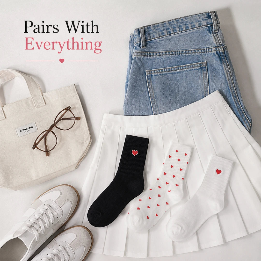 Josh & Tate - HeartStep™ Heart Crew Socks - Collection of jeans, shoes, a tote bag, and socks with heart designs on a light background.
