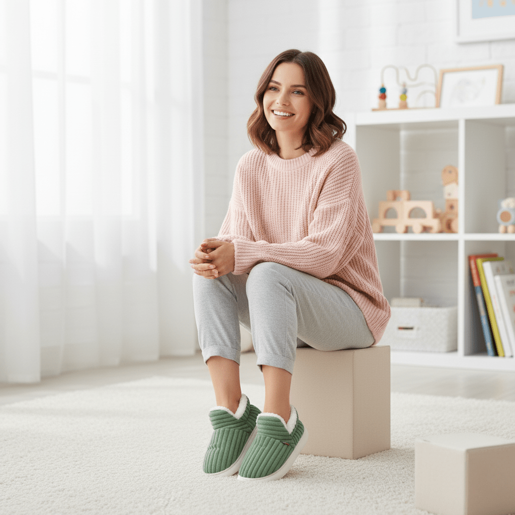 Woman sitting on a box in a bright living room wearing green slippers.