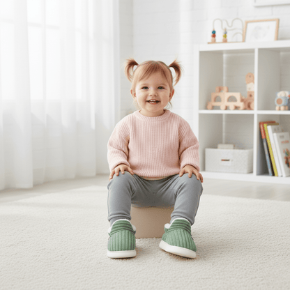 Child sitting on a box in a room with toys and books in the background