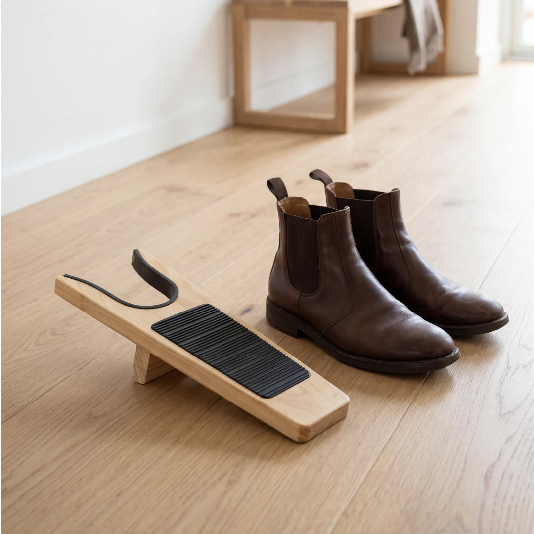 Josh & Tate - HeelHook™ Wooden Boot Jack - Brown leather boots next to a wooden shoe tree on a wooden floor.