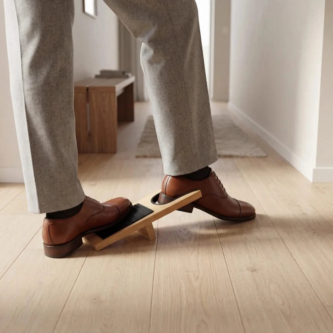 Josh & Tate - HeelHook™ Wooden Boot Jack - Person using a wooden footrest on a light wood floor.