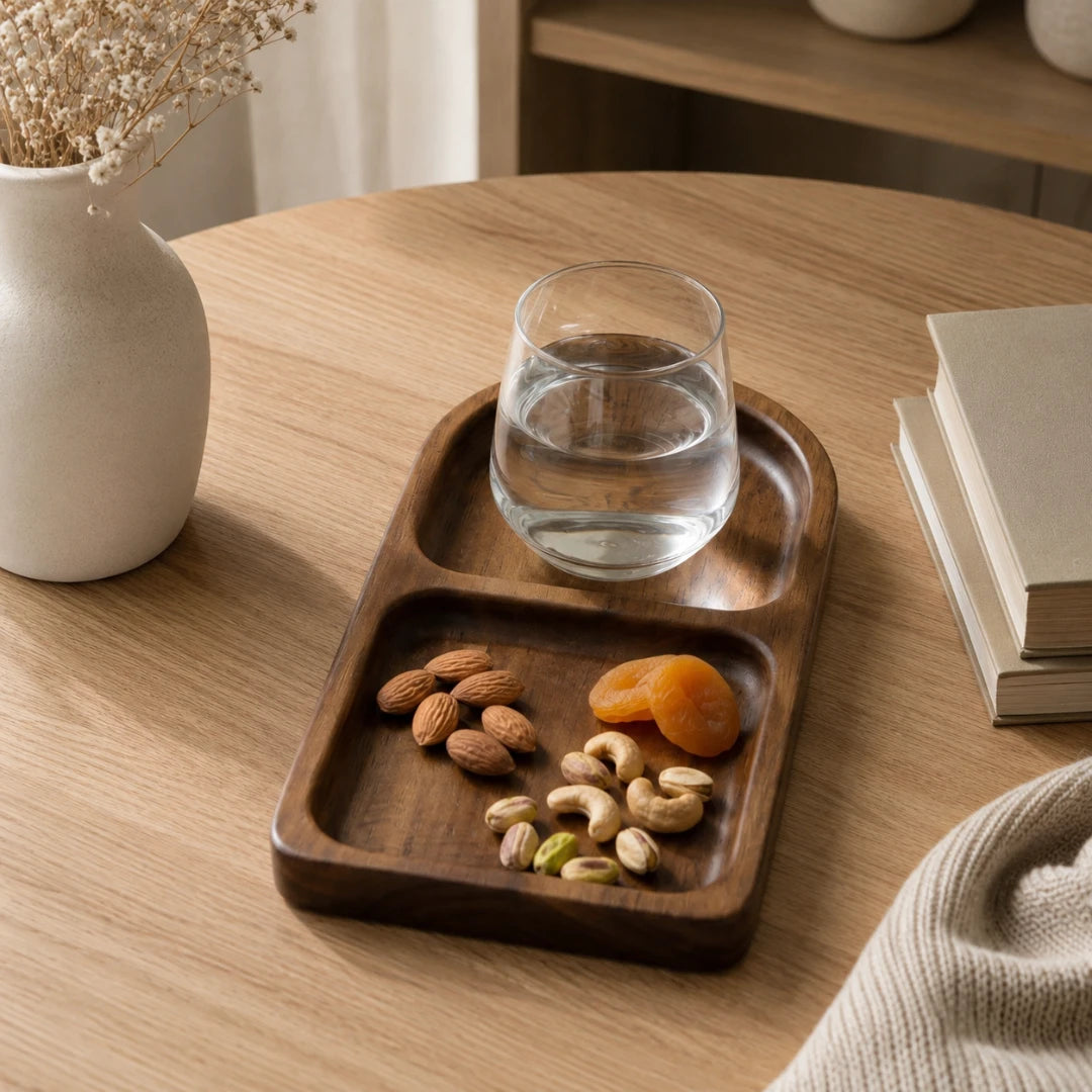 Josh & Tate - HollowTray™ Sectioned Acacia Tray - A dark brown wooden compartment tray on a light wood table, holding a glass of water, almonds, cashews, pistachios, and dried apricots. A white ceramic vase with dried flowers and a stack of books are also visible in a cozy indoor setting.