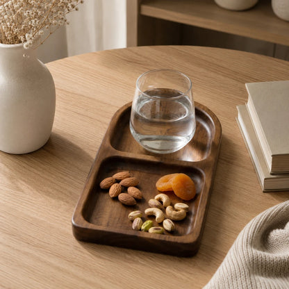 Josh & Tate - HollowTray™ Sectioned Acacia Tray - A dark brown wooden compartment tray on a light wood table, holding a glass of water, almonds, cashews, pistachios, and dried apricots. A white ceramic vase with dried flowers and a stack of books are also visible in a cozy indoor setting.