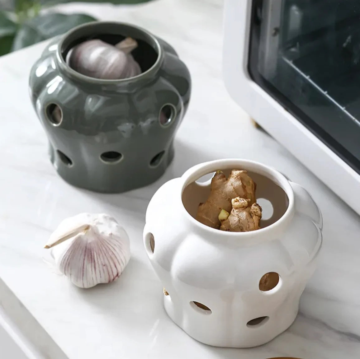 Two ceramic pots with holes, one containing garlic and the other ginger, on a marble surface.