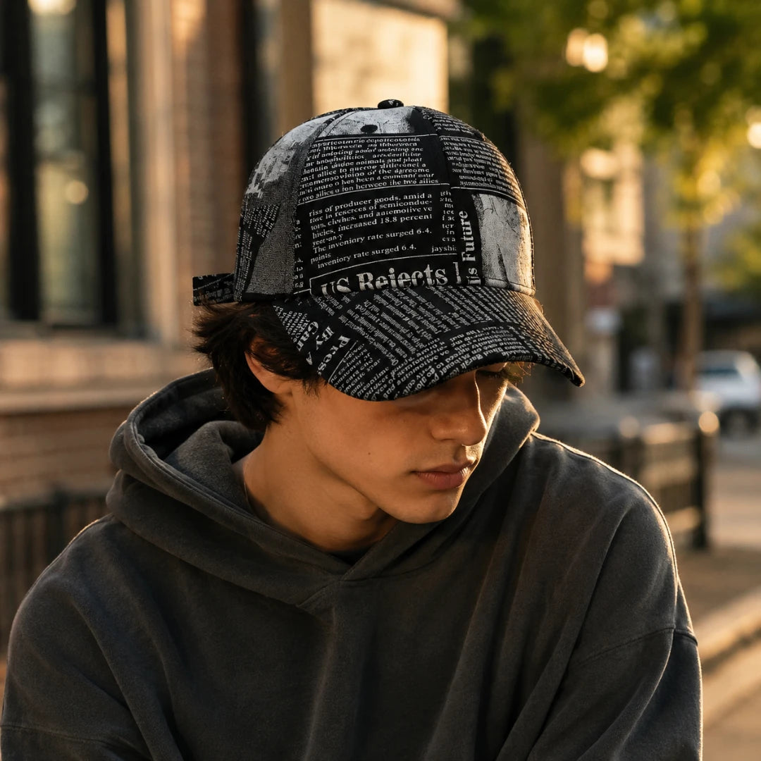 Josh & Tate - InkPress™ Newsprint Cap - A person outdoors wearing a dark baseball cap with a newspaper print pattern and a dark gray hoodie, photographed in warm golden-hour light with a blurred city street background.