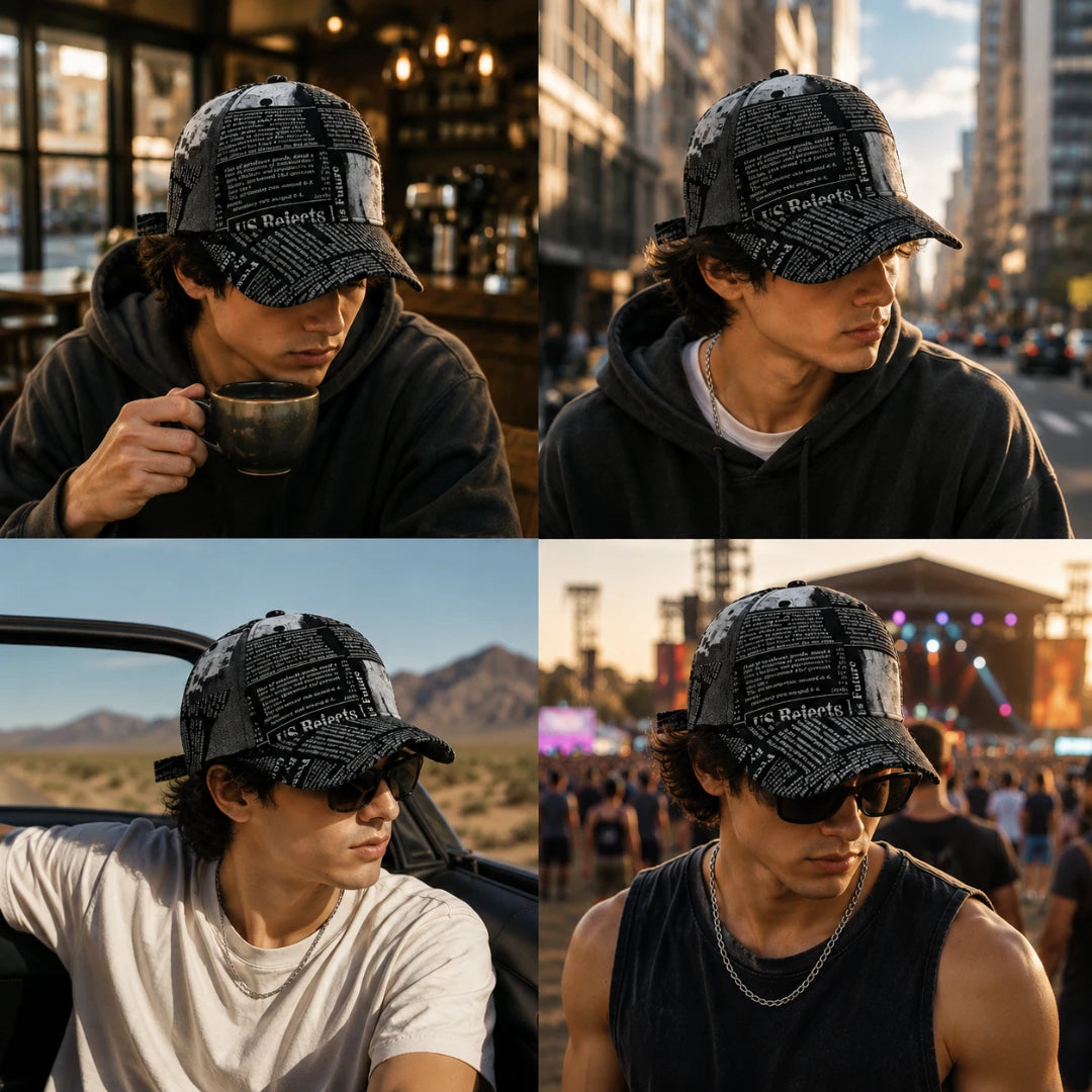 Josh & Tate - InkPress™ Newsprint Cap - A four-panel collage showing a man wearing a black baseball cap with a white newspaper print and a white 'Robert' patch. The panels depict him in different settings: drinking from a mug in a cafe, in a city street, sitting in a car, and at an outdoor concert.