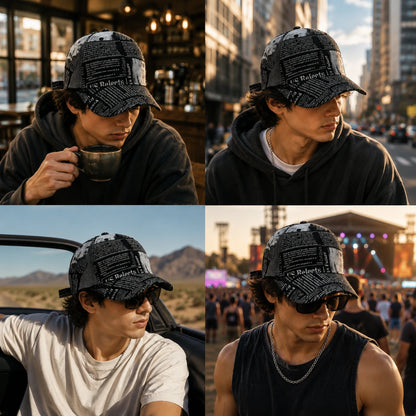 Josh & Tate - InkPress™ Newsprint Cap - A four-panel collage showing a man wearing a black baseball cap with a white newspaper print and a white 'Robert' patch. The panels depict him in different settings: drinking from a mug in a cafe, in a city street, sitting in a car, and at an outdoor concert.
