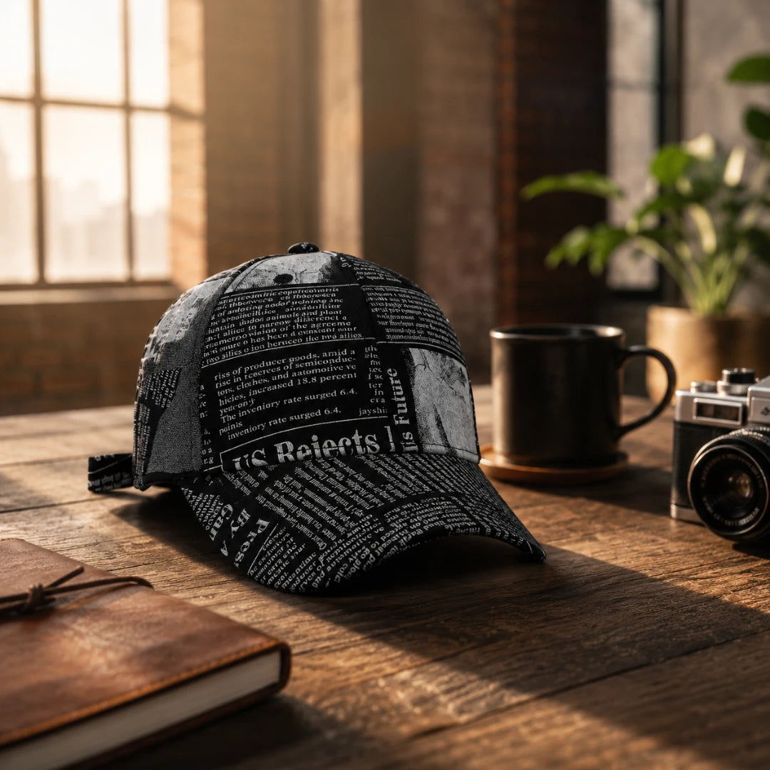 Josh & Tate - InkPress™ Newsprint Cap - A black and white newspaper print baseball cap sits on a rustic wooden table in a warm, sunlit room. The background features a black coffee mug, a vintage camera, a leather journal, and a potted plant, creating a cozy, editorial atmosphere.