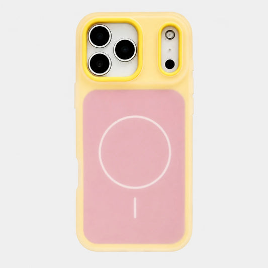 Josh & Tate - JellyHalo™ MagSafe iPhone Case - A protective phone case with a light pink back panel featuring a white MagSafe-style magnetic ring, surrounded by a yellow bumper frame.