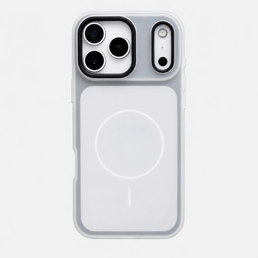 Josh & Tate - JellyHalo™ MagSafe iPhone Case - A light gray MagSafe-compatible phone case shown from the back on a light gray background. The case features a large circular magnetic ring printed on the back, precise cutouts for a triple-camera system and a single camera lens, and a slim protective bumper edge.