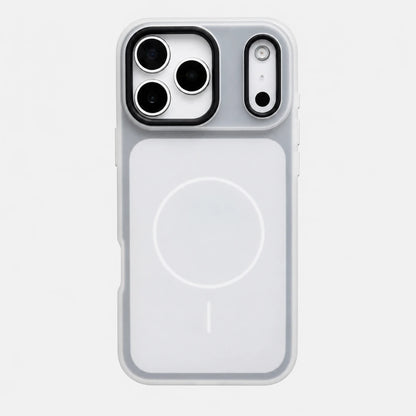 Josh & Tate - JellyHalo™ MagSafe iPhone Case - A light gray MagSafe-compatible phone case shown from the back on a light gray background. The case features a large circular magnetic ring printed on the back, precise cutouts for a triple-camera system and a single camera lens, and a slim protective bumper edge.