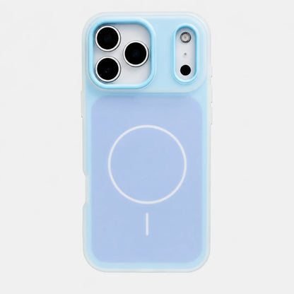 Josh & Tate - JellyHalo™ MagSafe iPhone Case - A light blue MagSafe-compatible phone case with a white magnetic ring icon printed on the back, shown on a clean white background.