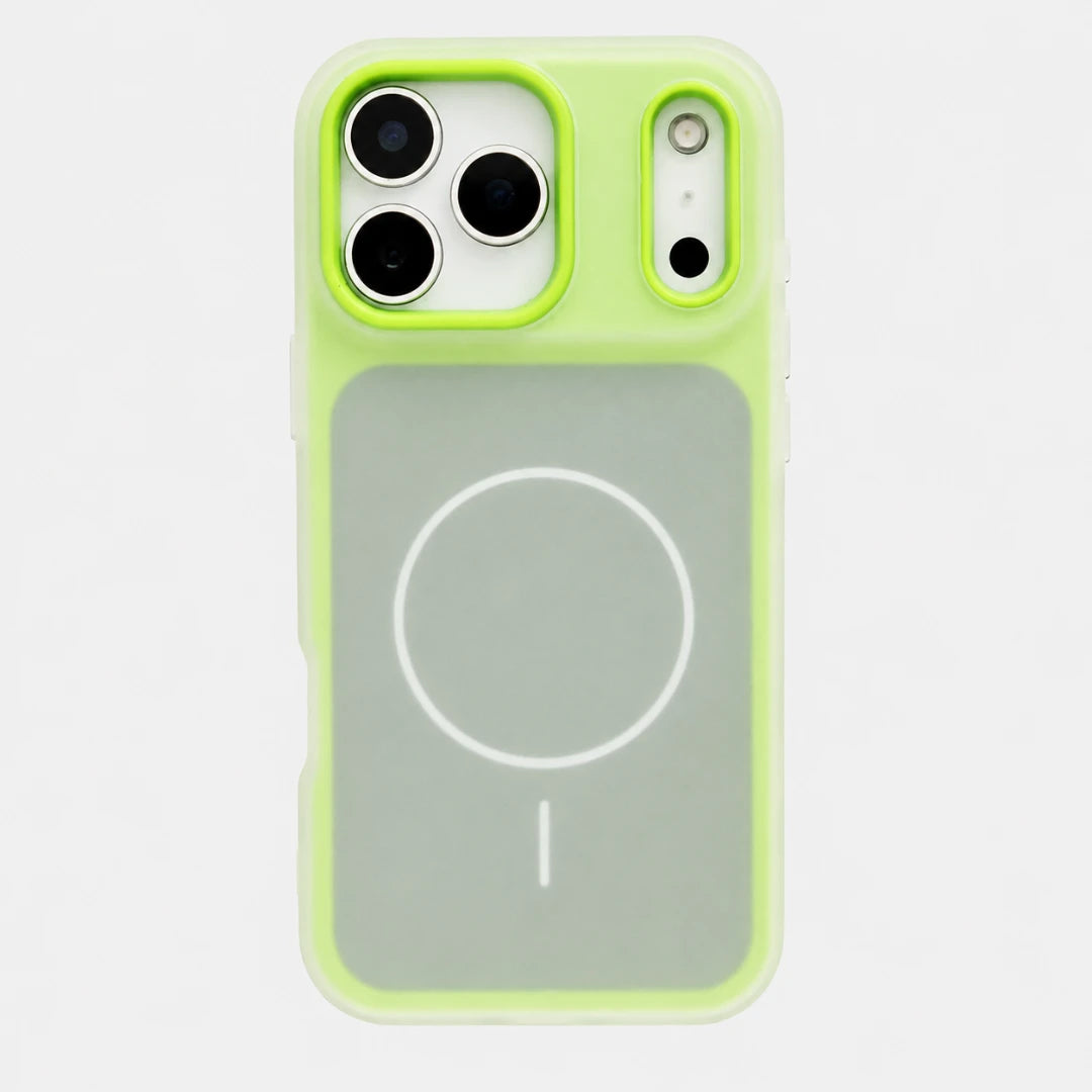 Josh & Tate - JellyHalo™ MagSafe iPhone Case - A light green MagSafe-compatible phone case with a translucent back panel and a bright neon green bumper, shown on a white background.