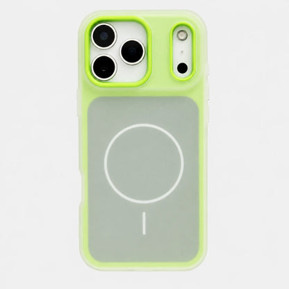 Josh & Tate - JellyHalo™ MagSafe iPhone Case - A light green MagSafe-compatible phone case with a translucent back panel and a bright neon green bumper, shown on a white background.