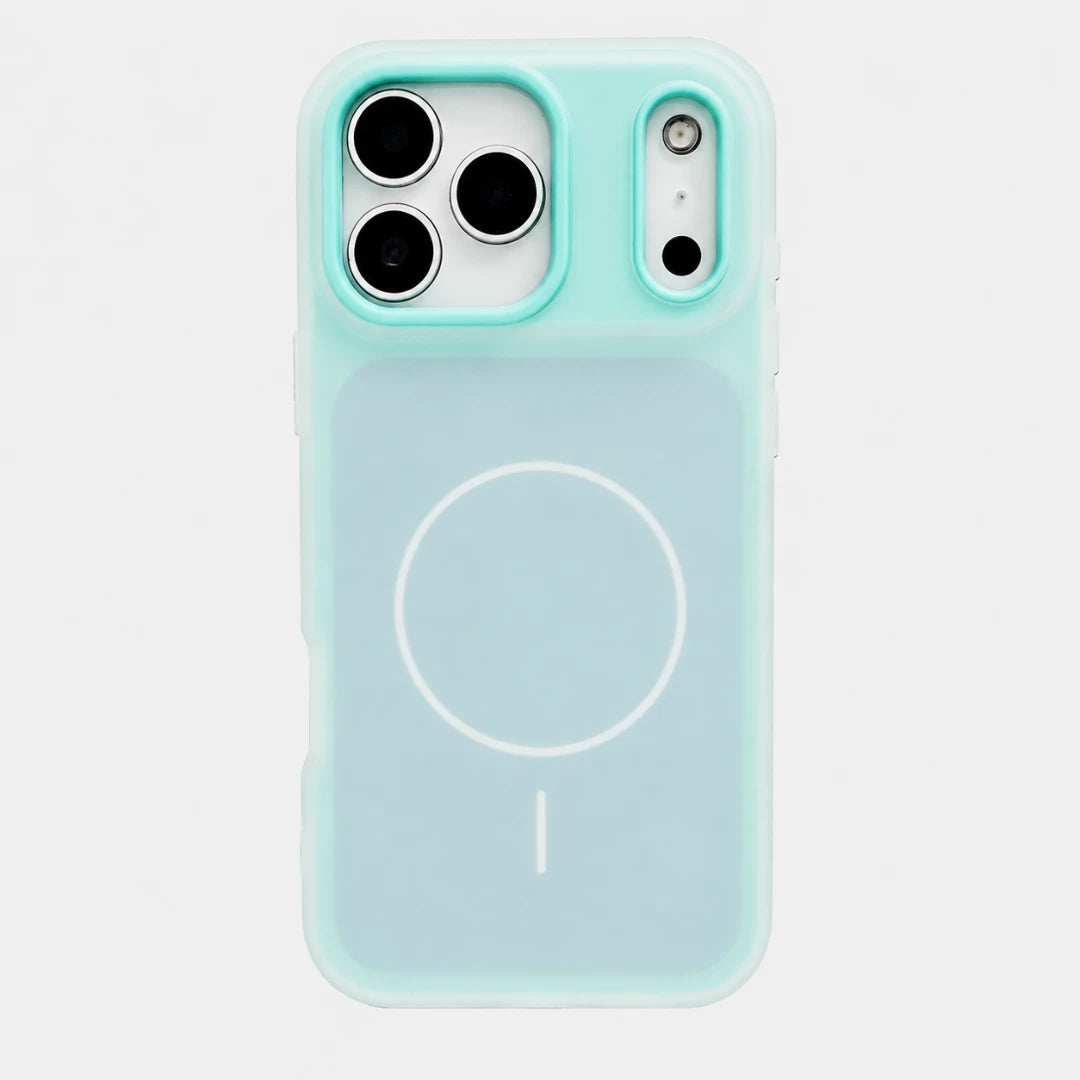 Josh & Tate - JellyHalo™ MagSafe iPhone Case - A light mint green MagSafe-compatible phone case with a white magnetic ring design on the back, shown on a light gray background.
