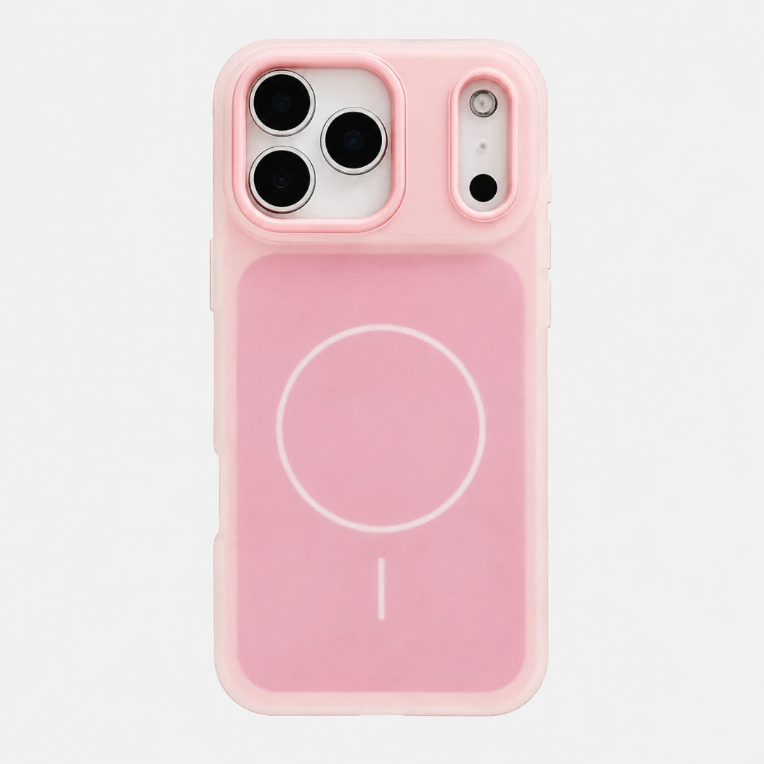 Josh & Tate - JellyHalo™ MagSafe iPhone Case - A light pink protective phone case with a built-in magnetic wireless charging pad on the back, shown on a plain light gray background.