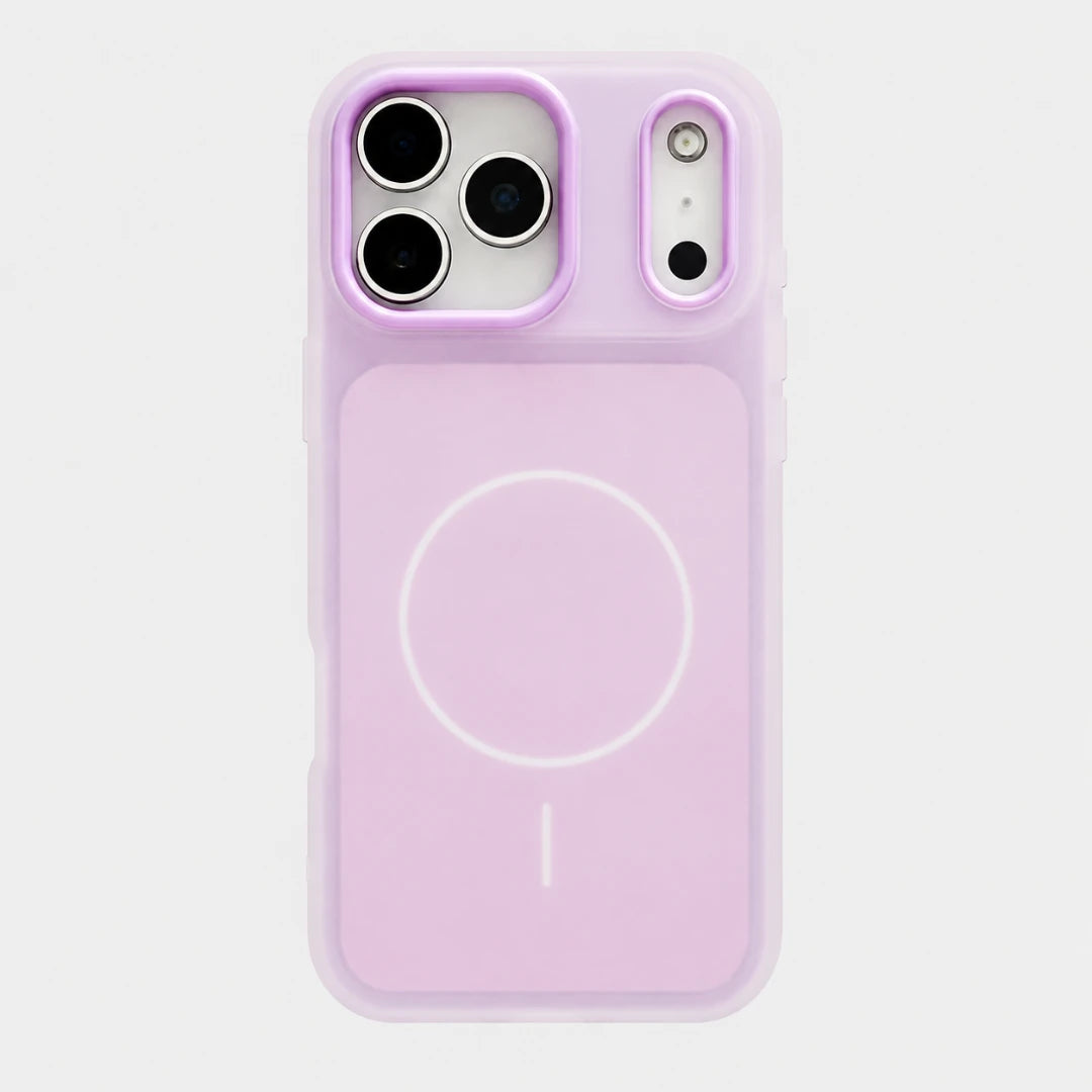 Josh & Tate - JellyHalo™ MagSafe iPhone Case - A light purple phone case with a built-in MagSafe magnetic ring on the back, shown on a white phone against a light gray background.