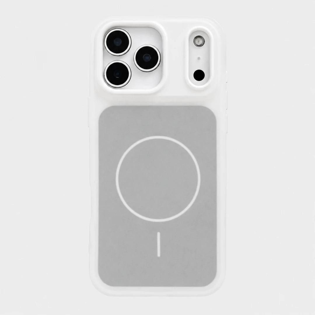 Josh & Tate - JellyHalo™ MagSafe iPhone Case - A white protective phone case with a large gray magnetic wireless charging pad on the back, shown on a light gray background.