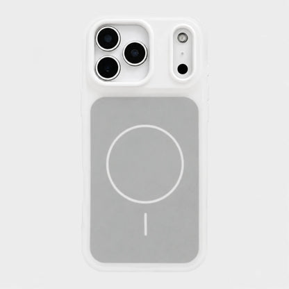 Josh & Tate - JellyHalo™ MagSafe iPhone Case - A white protective phone case with a large gray magnetic wireless charging pad on the back, shown on a light gray background.