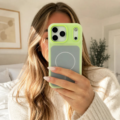 Josh & Tate - JellyHalo™ MagSafe iPhone Case - A woman takes a mirror selfie showing a light green phone case with a gray MagSafe-compatible magnetic ring, held in front of her face.