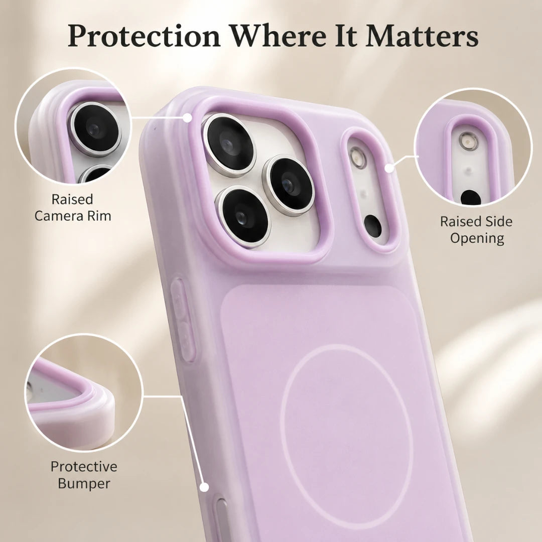 Josh & Tate - JellyHalo™ MagSafe iPhone Case - A pastel lavender phone case shown on a smartphone, with callout circles and text highlighting raised camera rim, raised side opening, and protective bumper features. The headline reads 'Protection Where It Matters.