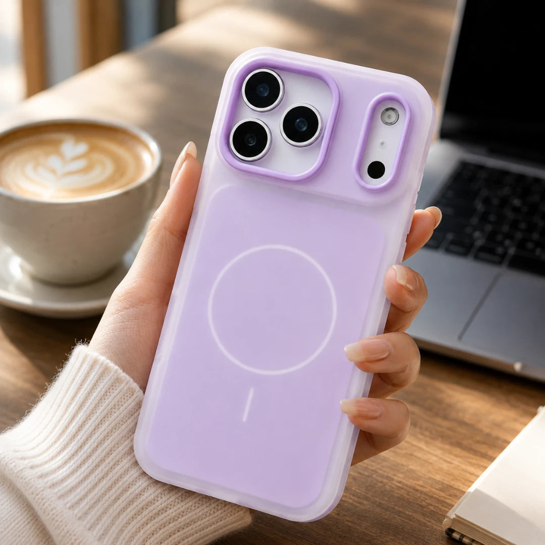 Josh & Tate - JellyHalo™ MagSafe iPhone Case - A hand holding a light purple phone case with a built-in MagSafe ring, shown in a lifestyle setting on a wooden desk with a laptop and coffee cup in the background.
