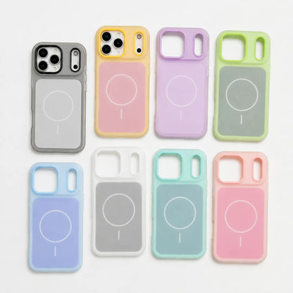 Josh & Tate - JellyHalo™ MagSafe iPhone Case - Eight magnetic phone cases in assorted pastel and neutral colors arranged in two rows on a clean white background. The cases feature a solid color back with a white MagSafe-compatible circular magnet design.