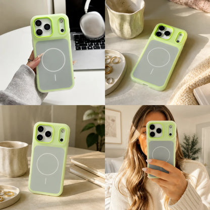 Josh & Tate - JellyHalo™ MagSafe iPhone Case - A four-panel collage showing a phone case in a bright lime green and translucent gray color, worn by a hand and shown in a mirror selfie, alongside standalone product shots on a tabletop with cups, jewelry, and books.