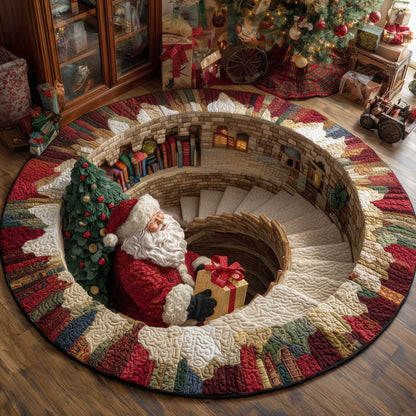 Decorative rug with a spiral staircase design featuring Santa Claus and a Christmas tree.