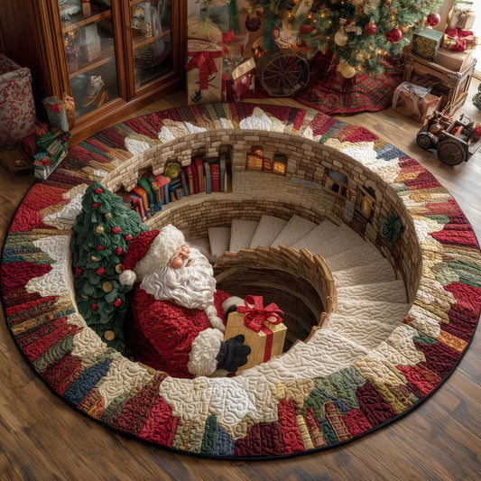 Decorative rug with a spiral staircase design featuring Santa Claus and a Christmas tree.