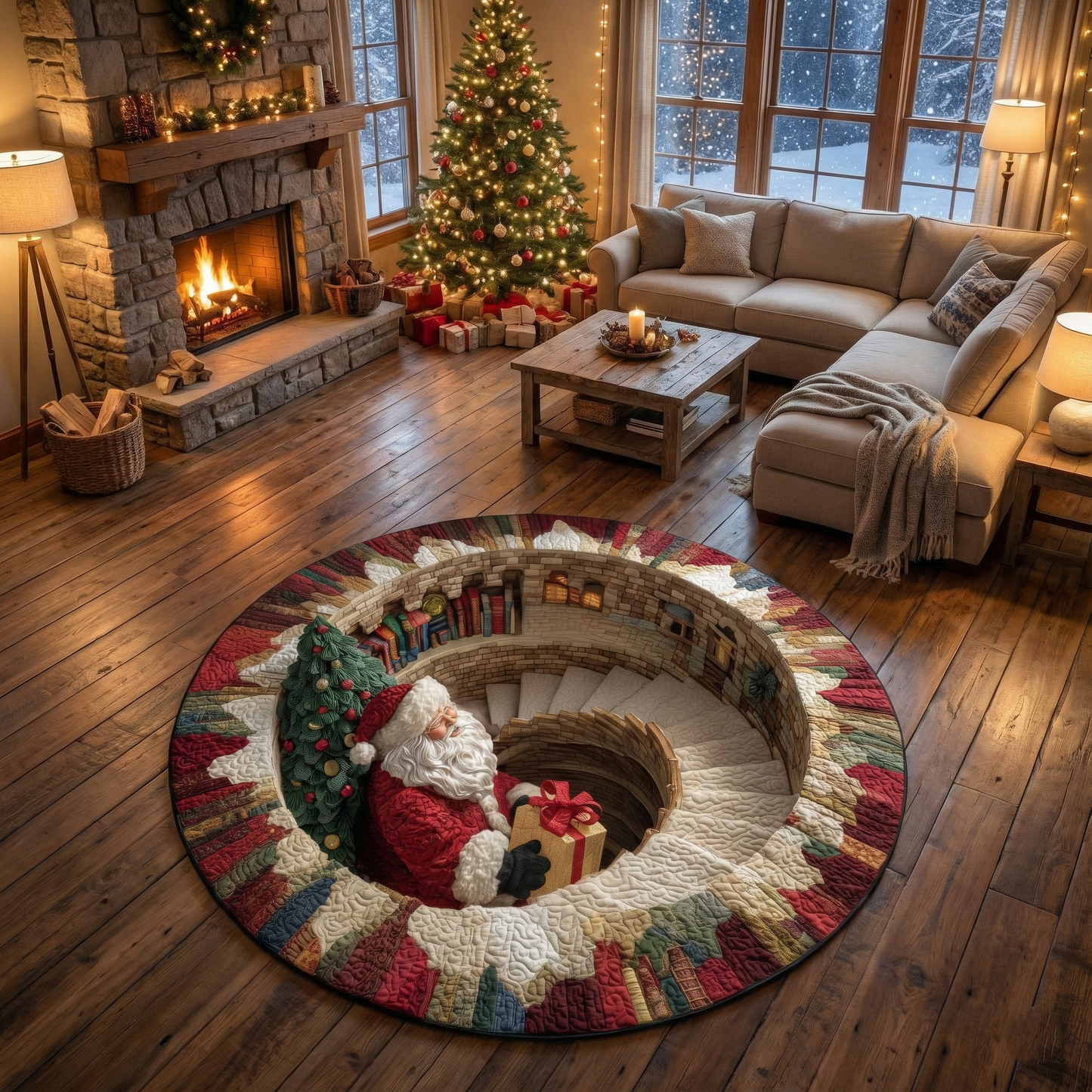 Cozy living room with a decorated Christmas tree, fireplace, and Santa Claus rug.